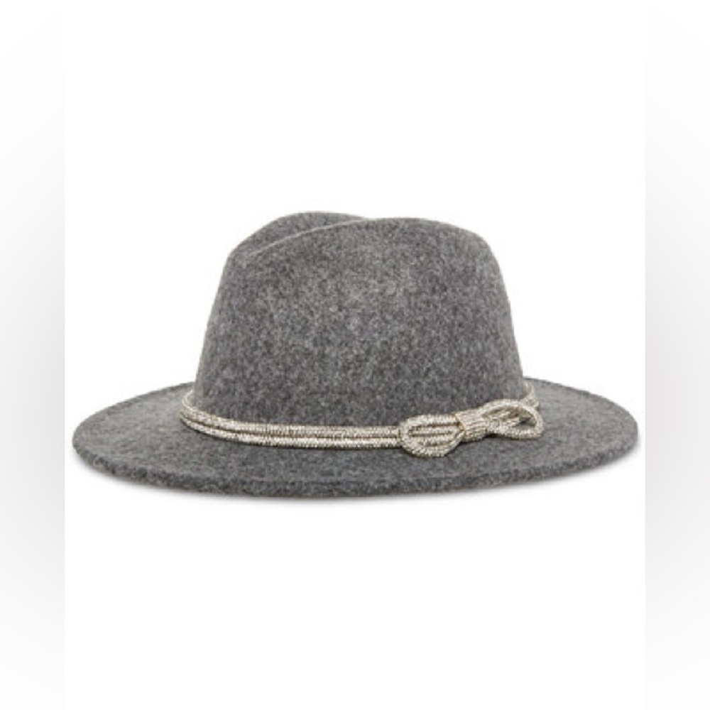 Steve Madden Women's Rhinestone Bow Trim Fedora Gray Felt NWT O/S